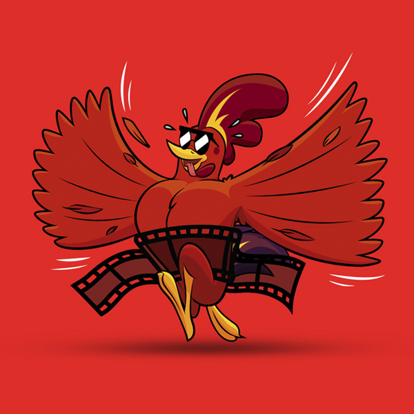 Gallo rojo con gafas de sol volando film
