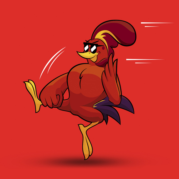 Gallo rojo con gafas de sol karateka haciendo una patada voladora